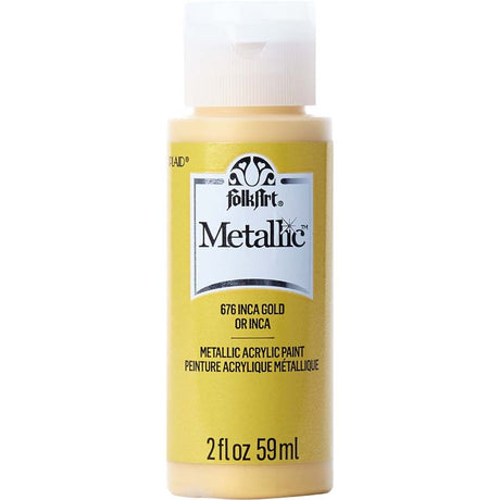 Folk Art INCA GOLD metallic acrylic paint in 2 oz bottle, ideal for DIY projects with a shiny finish on various surfaces.