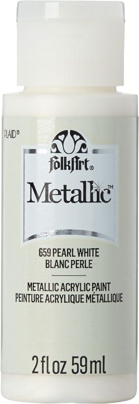 Folk Art Pearl White Metallic Acrylic Paint in 2oz bottle, offering a smooth, shiny finish for various crafting projects.