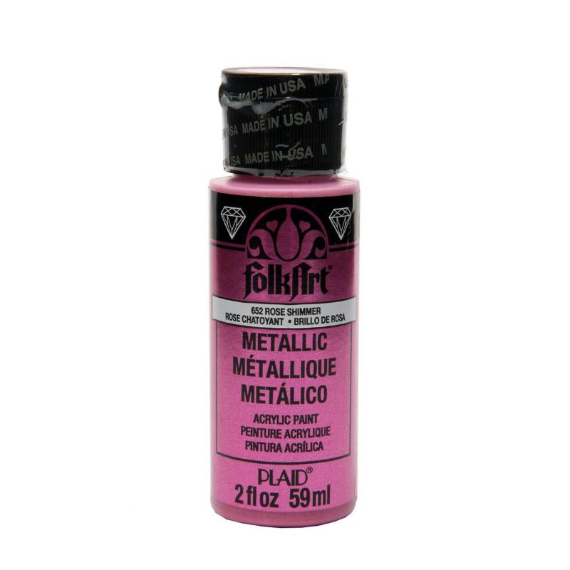 A 2oz bottle of Folk Art Acrylic Metallic Paint in Rose Shimmer, perfect for adding a shiny finish to crafts and decor.