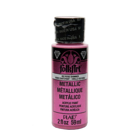 A 2oz bottle of Folk Art Acrylic Metallic Paint in Rose Shimmer, perfect for adding a shiny finish to crafts and decor.