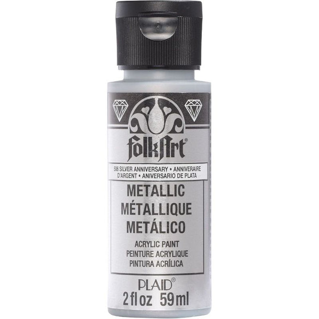 Shimmering silver Folk Art acrylic metallic paint in a 2oz bottle, perfect for adding elegance to various DIY projects.