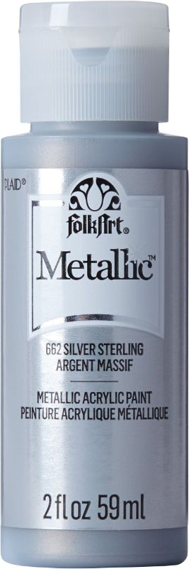 FolkArt Silver Sterling Metallic Acrylic Paint in 2 oz bottle, ideal for a range of surfaces and crafting projects.