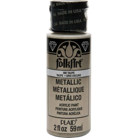 Creamy taupe metallic acrylic paint in a 2oz bottle, perfect for various DIY projects and easy cleanup.