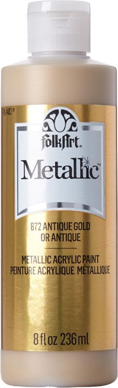 FolkArt Antique Gold metallic acrylic paint in 8oz for DIY projects, offering smooth application and quick drying finish.