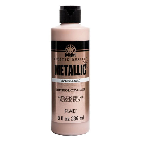 Folk Art Rose Gold Metallic Acrylic Paint 8oz, showcasing a luxurious metallic finish for versatile DIY projects.