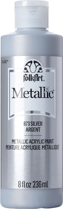 Folk Art Acrylic Metallic Paint in Silver 873E, 8oz, perfect for adding a shiny finish to various DIY crafts and surfaces.