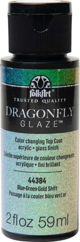 Folk Art Dragonfly Glaze Acrylic Paint in blue-green-gold shift, offering an iridescent finish for stunning DIY projects.