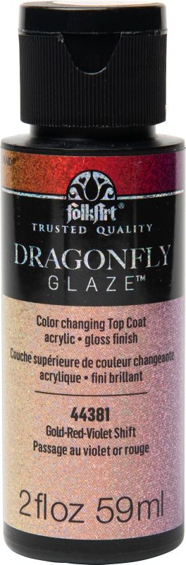 Iridescent 2oz Folk Art Dragonfly Glaze Acrylic Paint with stunning GOLD-RED-VIOLET shift for captivating DIY projects.