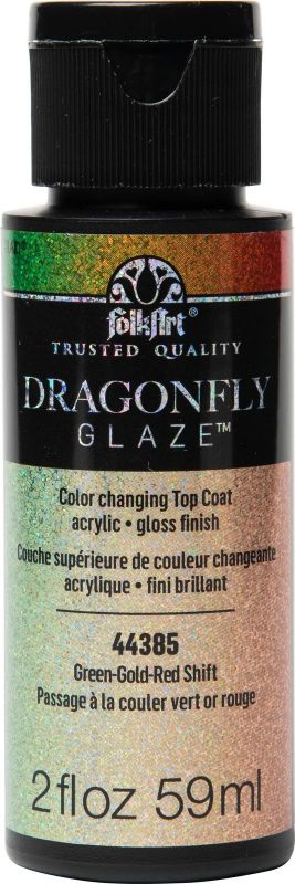 Iridescent Folk Art Dragonfly Glaze Acrylic Paint in Green-Gold-Red Shift, perfect for adding shimmer to various surfaces.