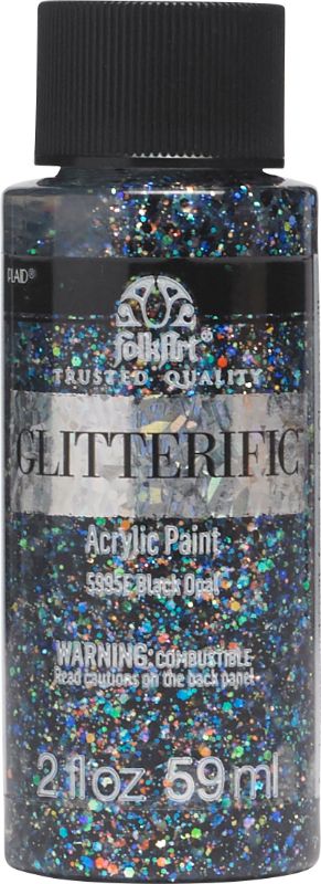 Folk Art Glitterific Acrylic Paint in Black Opal, a shimmering black glitter paint for vibrant arts and crafts projects.