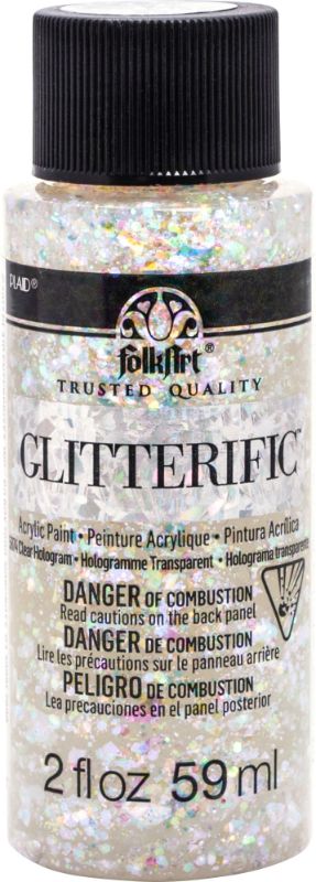 Clear Hologram Folk Art Glitterific Acrylic Paint in a 2 oz bottle, offering shimmering glittery finish for arts and crafts projects.