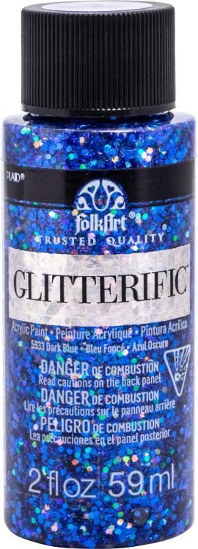 Folk Art Glitterific Dark Blue acrylic paint with fine glitter in a 20z/59ml bottle, ideal for adding sparkle to arts and crafts.