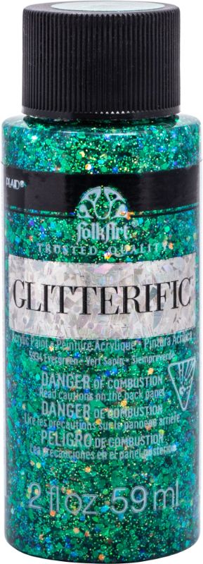 Folk Art Glitterific Acrylic Paint in EVERGREEN, 20z, featuring fine glitter for vibrant, sparkling arts and crafts projects.