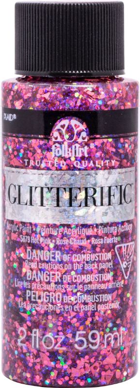 Shimmering hot pink acrylic paint with fine glitter for vibrant arts and crafts; easy application and cleanup.