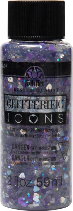 Folk Art Lavender Hearts Glitterific Acrylic Paint shines with vivid glitter particles, perfect for adding shimmer to crafts.