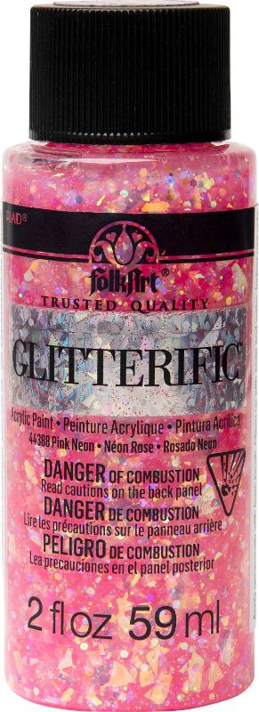 Bright neon pink acrylic paint with fine glitter for shimmering arts and crafts, suitable for various surfaces.