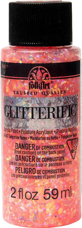 Bright Neon Tangerine glitter acrylic paint, 2 oz, ideal for adding shimmer to various crafts and surfaces with ease.