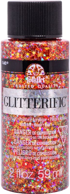 Folk Art Glitterific RED 5883E: 2 oz acrylic paint with fine glitter, ideal for adding sparkle to various crafts and surfaces.