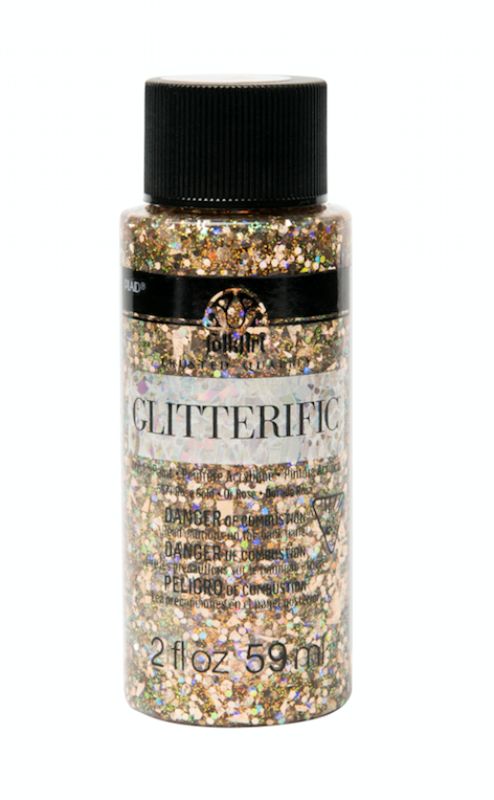 Rose Gold Folk Art Glitterific Acrylic Paint in 2 oz bottle, featuring fine glitter for a shimmering finish on various craft surfaces.