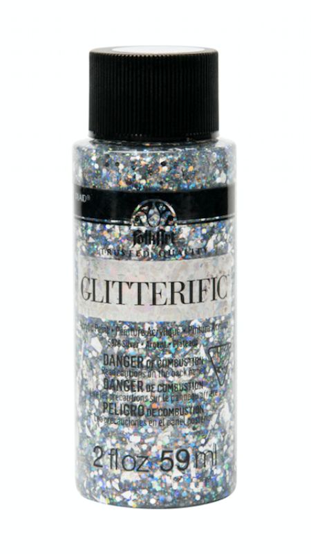 Glitterific Silver Acrylic Paint in 2 oz bottle, ideal for adding shimmering effects to various surfaces in creative projects.