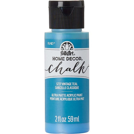 Vintage Teal Folk Art chalk paint in a 2oz bottle, ideal for DIY projects on wood, metal, and glass with an ultra-matte finish.