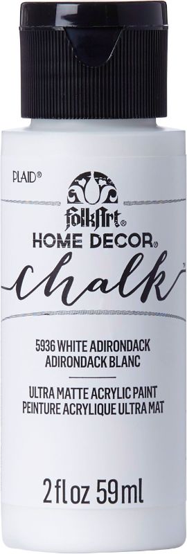 FolkArt White Adirondack chalk paint in a 2oz bottle, ideal for versatile home decor projects with an ultra-matte finish.