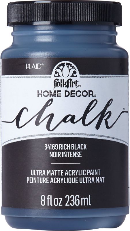 Folk Art Home Decor Chalk Paint in Rich Black, 8oz, features a highly pigmented ultra-matte finish for versatile DIY projects.