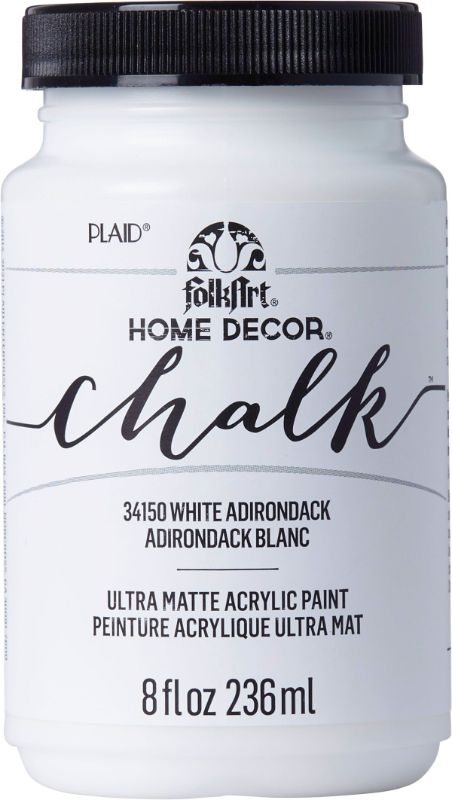 White Adirondack Folk Art chalk acrylic paint in 8oz bottle, ideal for DIY home decor with ultra-matte finish and easy cleanup.