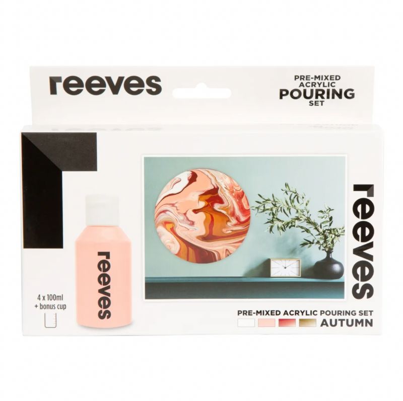 Reeves Autumn Acrylic Pour Paint Set of 4, featuring vibrant colors and easy-to-use pouring formula for creative art projects.