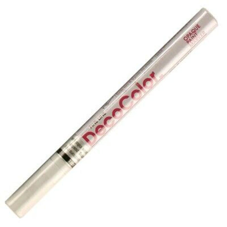 Marvy Decocolor white paint marker with fine tip for precise, permanent artistry on various surfaces.