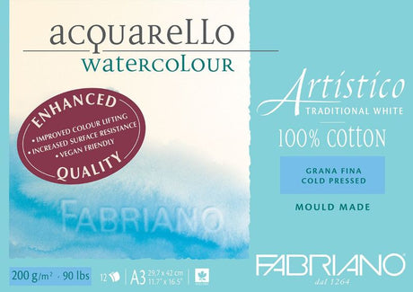 Fabriano Artistico Watercolour Pad with 12 A3 sheets, 200gsm cold press, ideal for vibrant watercolour and mixed media art.