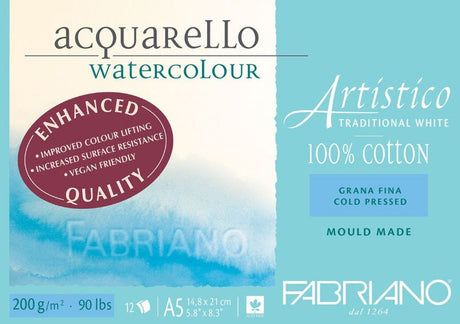 Fabriano Artistico Watercolour Pad A5 with 200gsm 12 sheets, 100% cotton, cold press texture for vibrant artistry.