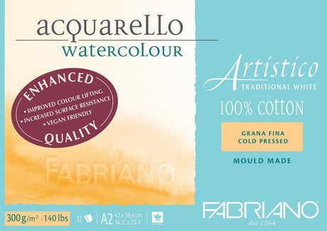 Alt text: "Fabriano Artistico Watercolour Pad with 12 cold press sheets, 300gsm, 100% cotton, ideal for vibrant watercolour painting."