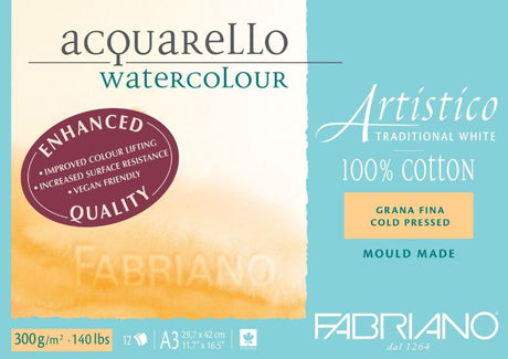 A3 Fabriano Artistico watercolour pad with 12 sheets of 300gsm cold press cotton paper, ideal for vibrant watercolour techniques.