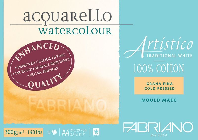 Fabriano Artistico Watercolour Pad with 12 A4 sheets, 300gsm cold press, ideal for vibrant watercolour art, 100% cotton.