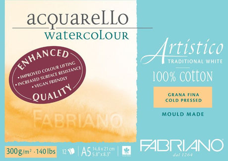 Fabriano Artistico A5 watercolour pad with 300gsm cold press paper, featuring 12 sheets of durable, 100% cotton paper.