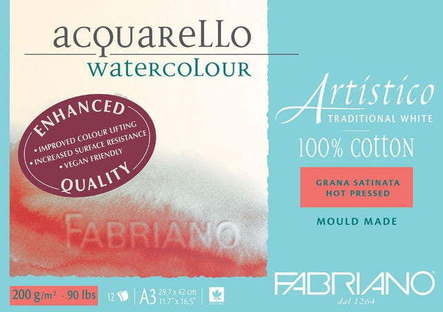 Fabriano Artistico Watercolour Pad, 200gsm hot press, 12 A3 sheets, 100% cotton, ideal for vibrant watercolor painting.