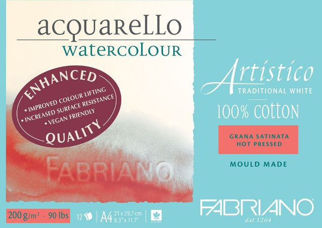 High-quality Fabriano Artistico 200gsm hot press watercolour pad, ideal for fine detail work with vibrant colour lifting.