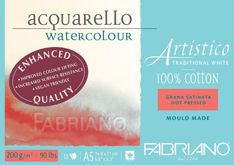 Fabriano Artistico Watercolour Pad A5 with 200gsm hot press, featuring 12 sheets of 100% cotton, ideal for detailed watercolor work.