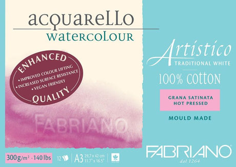 Fabriano Artistico Watercolour Pad 300gsm with 12 hot press sheets, ideal for vibrant watercolors and detailed sketches.