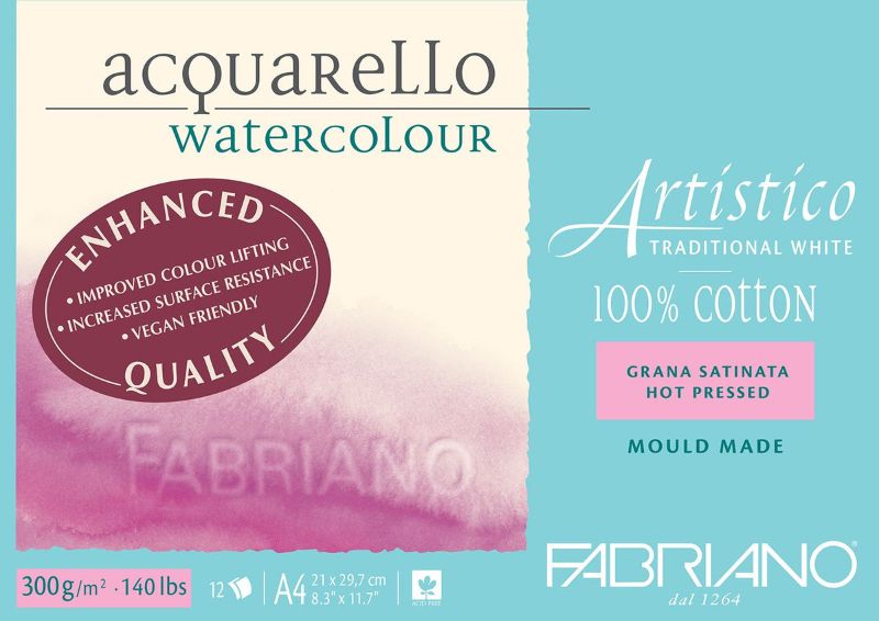 Fabriano Artistico watercolour pad featuring 12 sheets of 300gsm hot press 100% cotton paper for vibrant, detailed artwork.