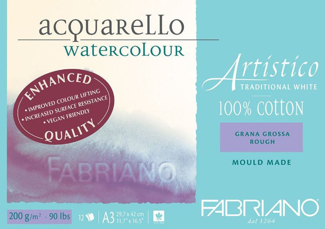 A3-sized Fabriano Artistico 200gsm watercolour pad with 12 sheets of rough, 100% cotton paper for vibrant painting.