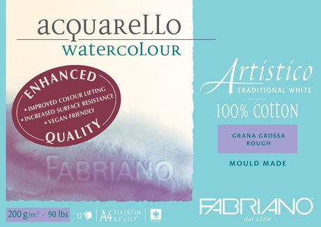 Fabriano Artistico Watercolour Pad featuring 200gsm rough texture, 12 acid-free sheets for vibrant watercolor art.