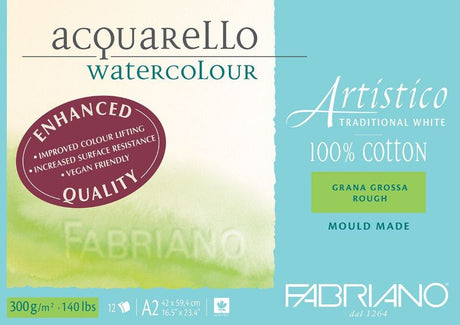 Fabriano Artistico 300gsm Rough Pad A2 with 12 sheets, ideal for vibrant watercolour and mixed media artistry.