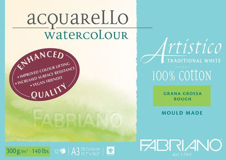 Fabriano Artistico Watercolour Enhanced Pad with 300gsm rough texture, 12 A3 sheets, ideal for vibrant watercolor techniques.