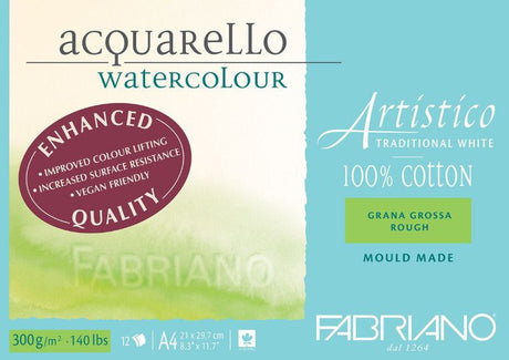 Fabriano Artistico Watercolour Pad featuring 12 sheets of 300gsm rough, acid-free cotton paper for vibrant and lasting artworks.