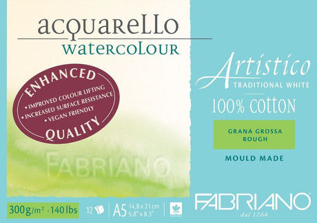 High-quality Fabriano Artistico A5 watercolour pad with 300gsm rough cotton paper, ideal for versatile artistic techniques.