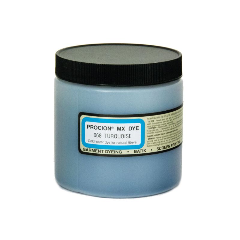 Vibrant turquoise Procion MX dye powder for cold water dyeing, perfect for fabric arts like tie-dye and batik. 230g pack.