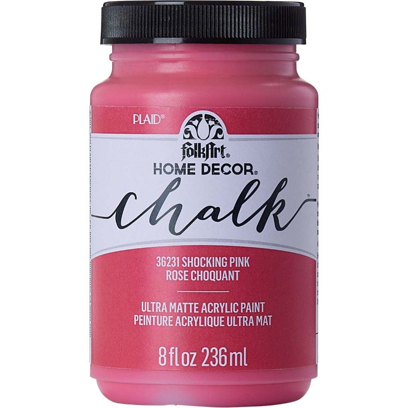 Vibrant Shocking Pink chalk acrylic paint, 8oz, ideal for DIY home decor with ultra-matte finish and easy clean-up.