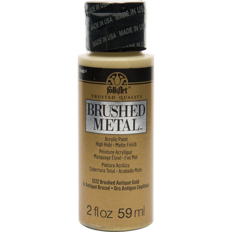 Bottle of Folk Art Brushed Metal Acrylic Paint in Antique Gold, ideal for adding a luxurious metal finish to crafts and decor.